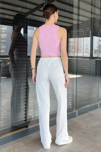 Krem Bel Bağcıklı Kabartma Desenli Pantolon - 3