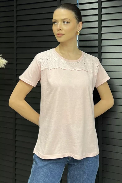 Pembe Kadın Dantel İşlemeli Bisiklet Yaka Tişört - 2