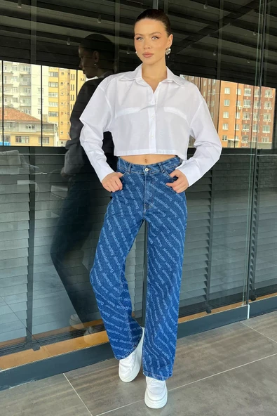 Lacivert Bol Paça Likralı Kadın Jean Kot Pantolon - 2