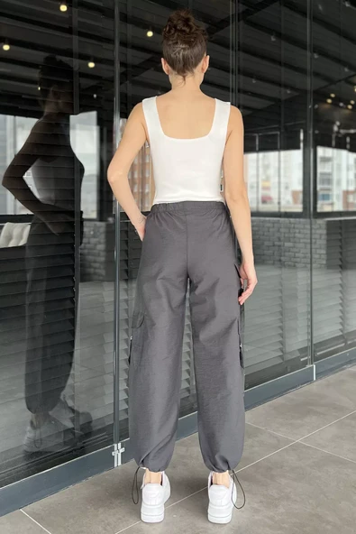 Füme Kadın Bel Lastikli Kargo Cepli Paraşüt Kumaş Pantolon - 4