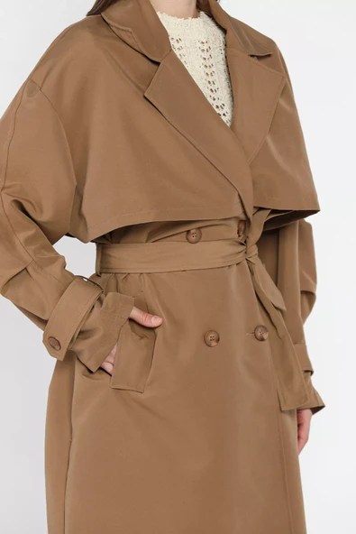 Vizon Kadın Bel Kuşaklı Yırtmaçlı Oversize Trençkot - 4