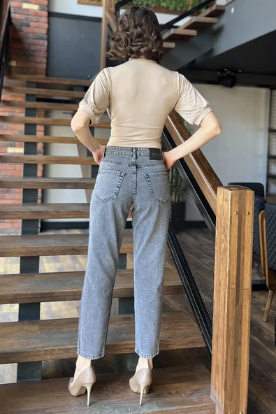 Antrasit Kadın Yüksek Bel Mom Jeans Kot Pantolon - 3