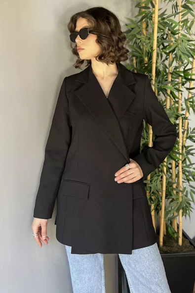 Siyah Yan Yırtmaçlı Astarlı Kadın Blazer Ceket - 2