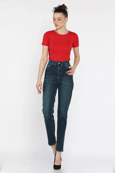 Lacivert Kadın Büyük Beden Likralı Mom Jean Kot Pantolon - 2