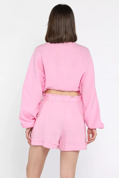 Pembe Kadın Keten Şort - 3