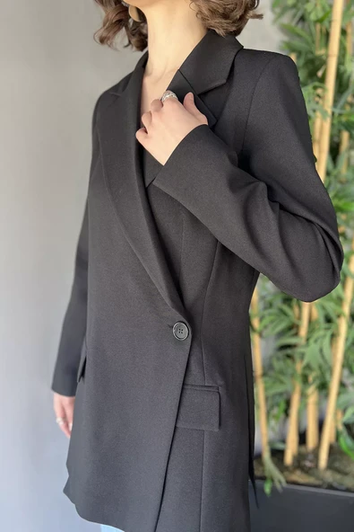 Siyah Yan Yırtmaçlı Astarlı Kadın Blazer Ceket - 4