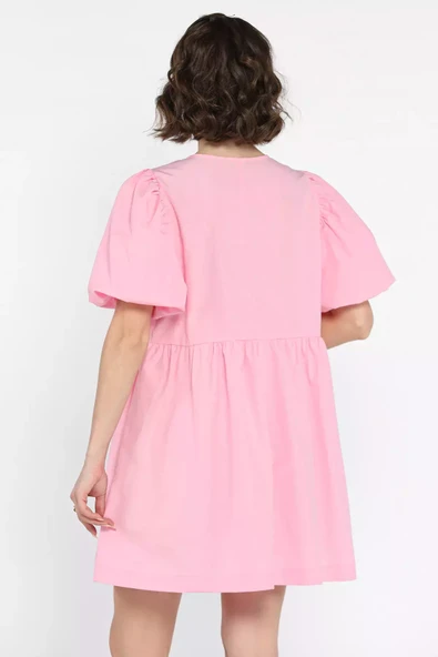 Pembe Kadın Ön Bağlamalı Prenses Kol Elbise - 3