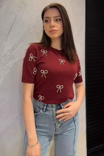 Bordo Taş Detaylı Bisiklet Yaka Kadın Kısa Kol Bluz - 1