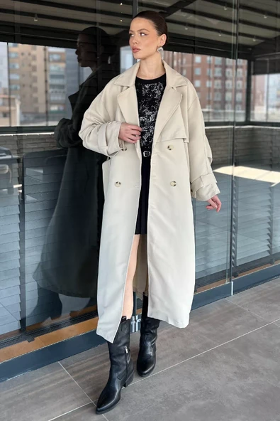 Taş Kadın Bel Kuşaklı Yırtmaçlı Oversize Trençkot - 1