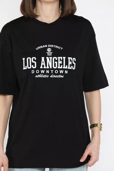 Siyah Kadın Bisiklet Yaka Los Angeles Baskılı Salaş Tişört - 4