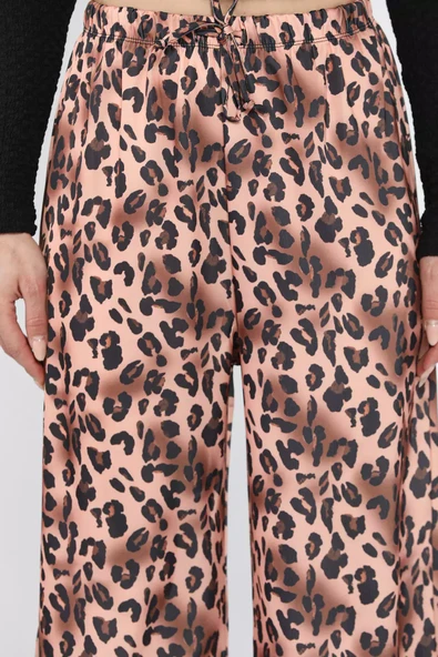 Somon Kadın Bel Lastikli Yüksek Bel Leopar Desenli Bol Kesim Pantolon - 3