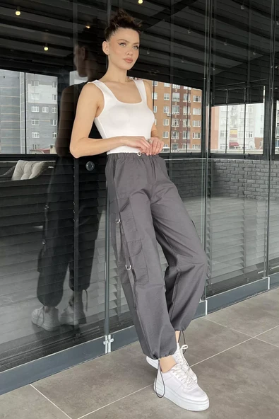 Füme Kadın Bel Lastikli Kargo Cepli Paraşüt Kumaş Pantolon - 2