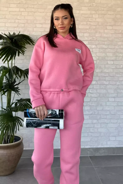 Pembe Kadın Üç İplik Şardonlu Eşofman Takımı - 1
