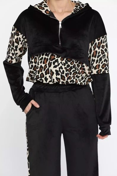 Siyah Kadın Leopar Garnili Yarım Fermuarlı Kadife Sweat Pantolon Eşofman Takımı - 4