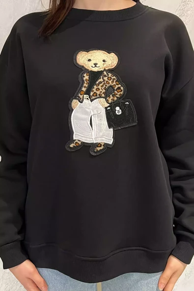 Siyah Kadın Bisiklet Yaka Aplikeli Sweatshirt (aplike Ayılar Farklı Gelebilir) - 3