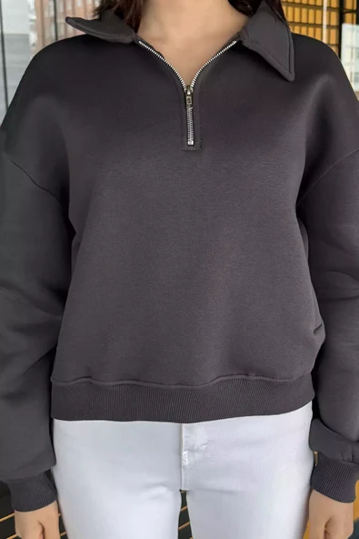 Koyugri Dik Yaka Yarım Fermuarlı Şardonlu Kadın Sweatshirt - 3
