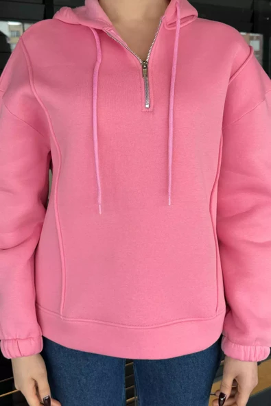 Pembe Yarım Fermuarlı Üç İplik Şardonlu Kadın Sweatshirt - 4