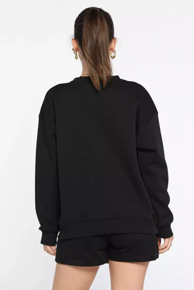 Siyah Kadın Üç İplik Şardonlu Bisiklet Yaka Sweatshirt - 3