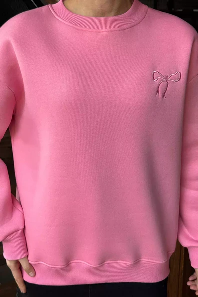 Pembe Kadın Fiyonk Nakışlı Şardonlu Sweatshirt - 3