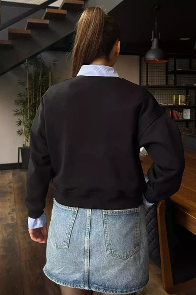 Siyah Kadın Üç İplik Şardonlu Gömlek Garnili Sweatshirt - 4