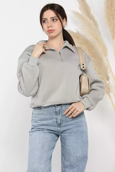 Gri Dik Yaka Yarım Fermuarlı Şardonlu Kadın Sweatshirt - 2