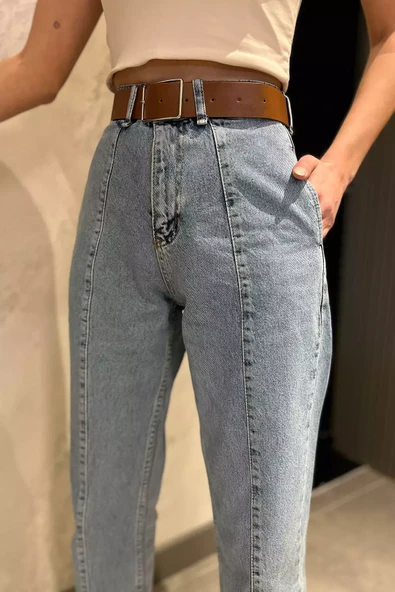 Buzmavisi Ön Detaylı Kadın Kemerli Mom Jean Pantolon - 4