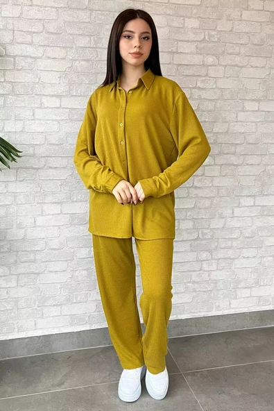 Yağyeşili Kadın Fitilli Gömlek Pantolon İkili Takım - 1