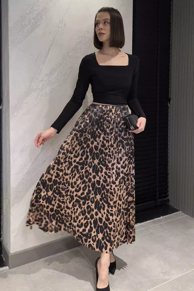 Bejsiyah Kadın Leopar Desenli Pileli Etek - 2