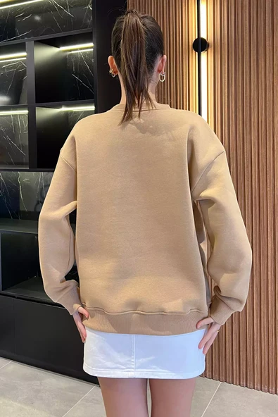 Bisküvi Kadın Üç İplik Şardonlu Bisiklet Yaka Sweatshirt - 3
