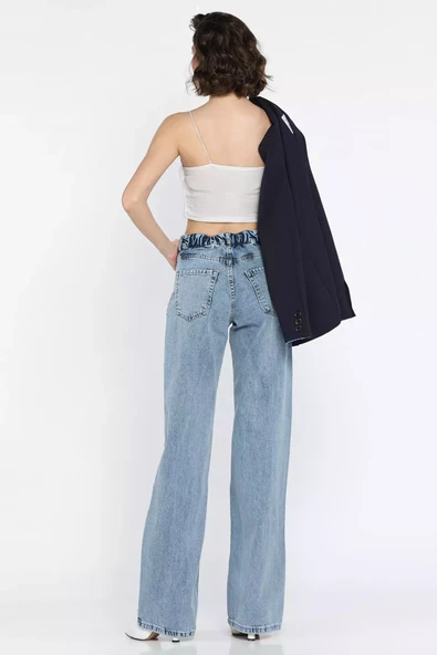 Mavi Bel Bağlamalı Bol Paça Kadın Jean Kot Pantolon - 3