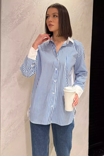 Mavi Çizgili Oversize Kadın Gömlek - 1