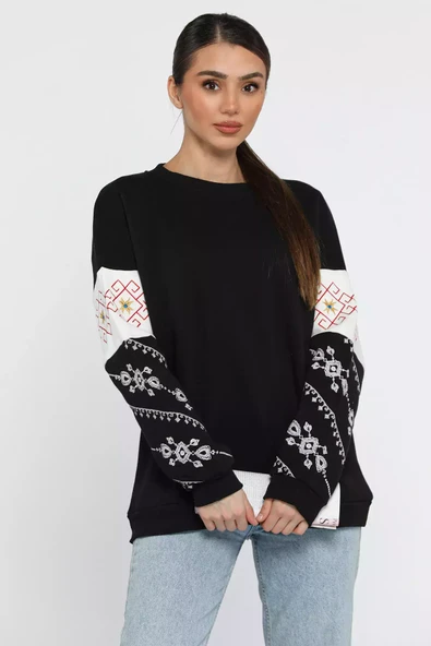 Siyah Kol Nakışlı Kadın Şardonlu Bisiklet Yaka Sweatshirt - 1