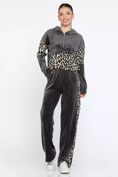 Füme Kadın Leopar Garnili Yarım Fermuarlı Kadife Sweat Pantolon Eşofman Takımı