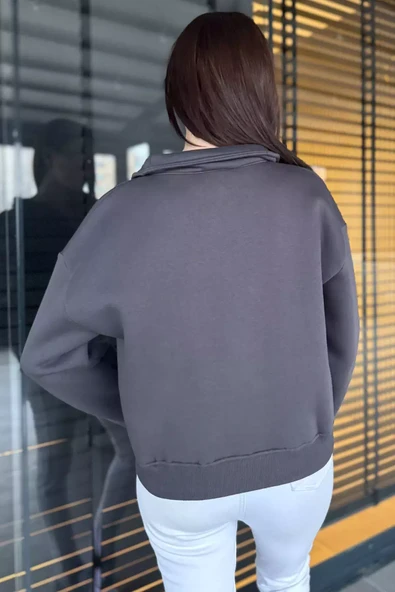 Koyugri Dik Yaka Yarım Fermuarlı Şardonlu Kadın Sweatshirt - 4