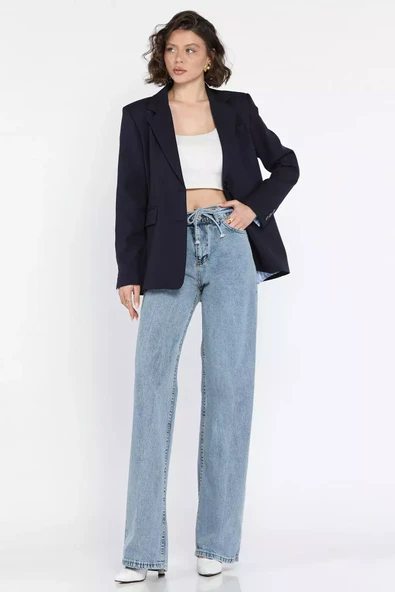 Mavi Bel Bağlamalı Bol Paça Kadın Jean Kot Pantolon - 1