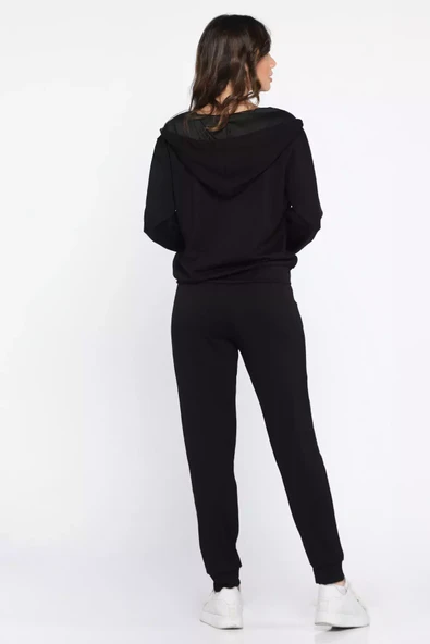 Siyah Kadın Cepli Fermuarlı Sweat Pantolon Eşofman Takımı - 3