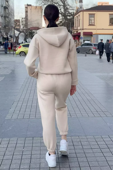 Bej Kadın Üç İplik Şardonlu Eşofman Takımı - 4