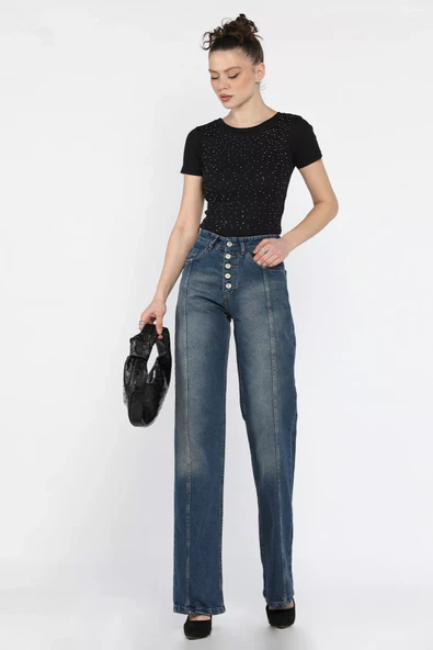 Mavi Tint Ön Detaylı Kadın Bol Paça Mom Jean Kot Pantolon - 2