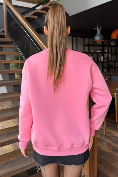 Pembe Kadın Fiyonk Nakışlı Şardonlu Sweatshirt - 4