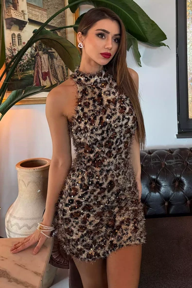 Bej Kadın Halter Yaka Leopar Desen Pullu Sakallı Elbise - 2