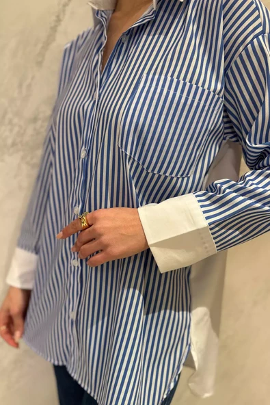 Mavi Çizgili Oversize Kadın Gömlek - 3