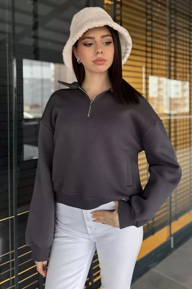 Koyugri Dik Yaka Yarım Fermuarlı Şardonlu Kadın Sweatshirt - 2
