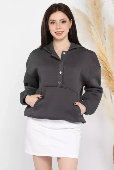 Füme Kadın Şardonlu Kanguru Cepli Düğme Detaylı Sweatshirt - 2