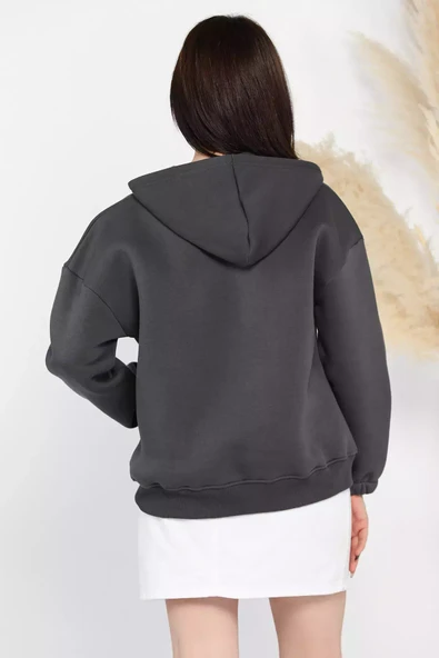 Füme Kadın Şardonlu Kanguru Cepli Düğme Detaylı Sweatshirt - 3