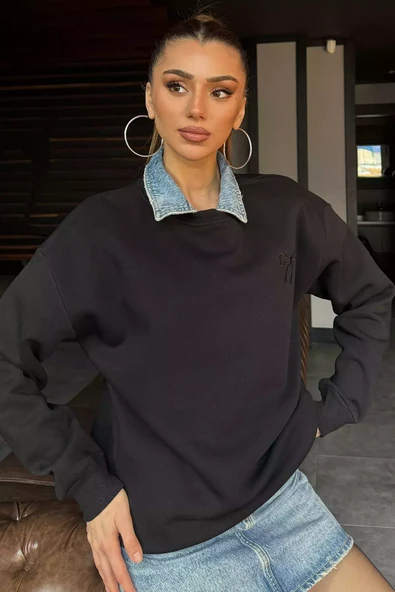 Siyah Kadın Fiyonk Nakışlı Şardonlu Sweatshirt - 2