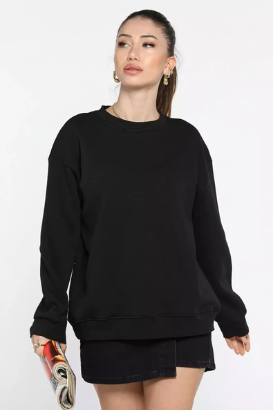 Siyah Kadın Üç İplik Şardonlu Bisiklet Yaka Sweatshirt - 2