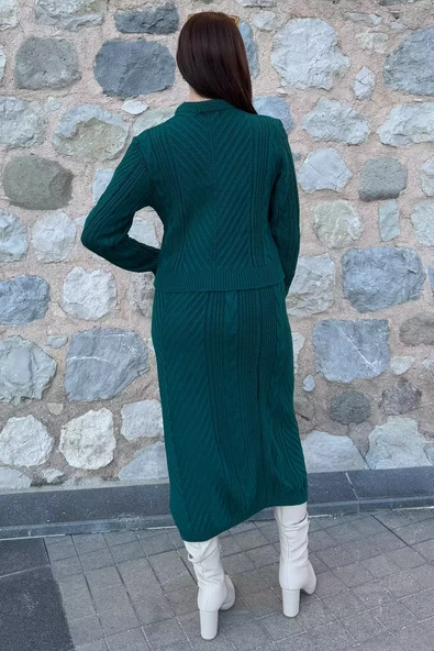 Zümrüt Yeşili Kadın Örme Triko Bluz Etek İkili Takım - 5