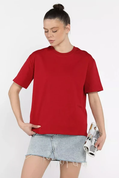 Bordo Bisiklet Yaka Kadın Basic Tişört - 2
