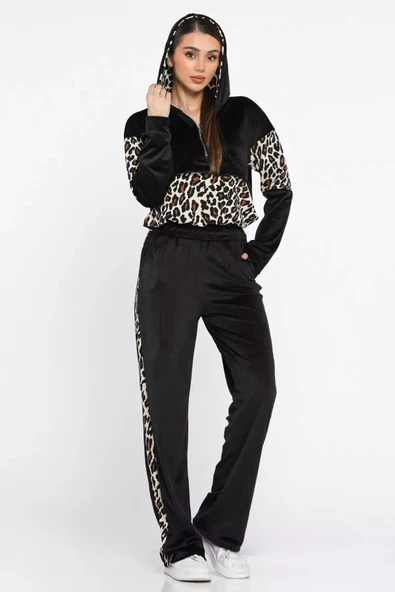 Siyah Kadın Leopar Garnili Yarım Fermuarlı Kadife Sweat Pantolon Eşofman Takımı - 1