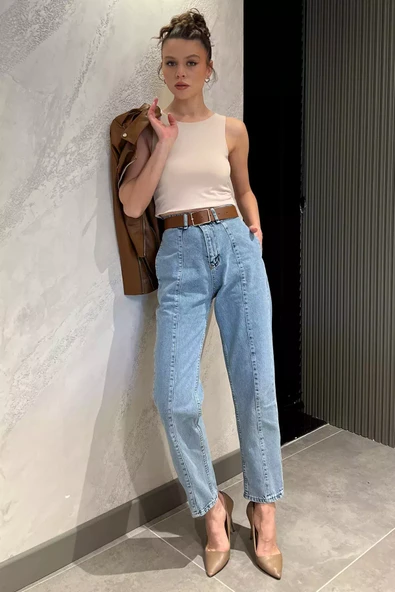 Buzmavisi Ön Detaylı Kadın Kemerli Mom Jean Pantolon - 2